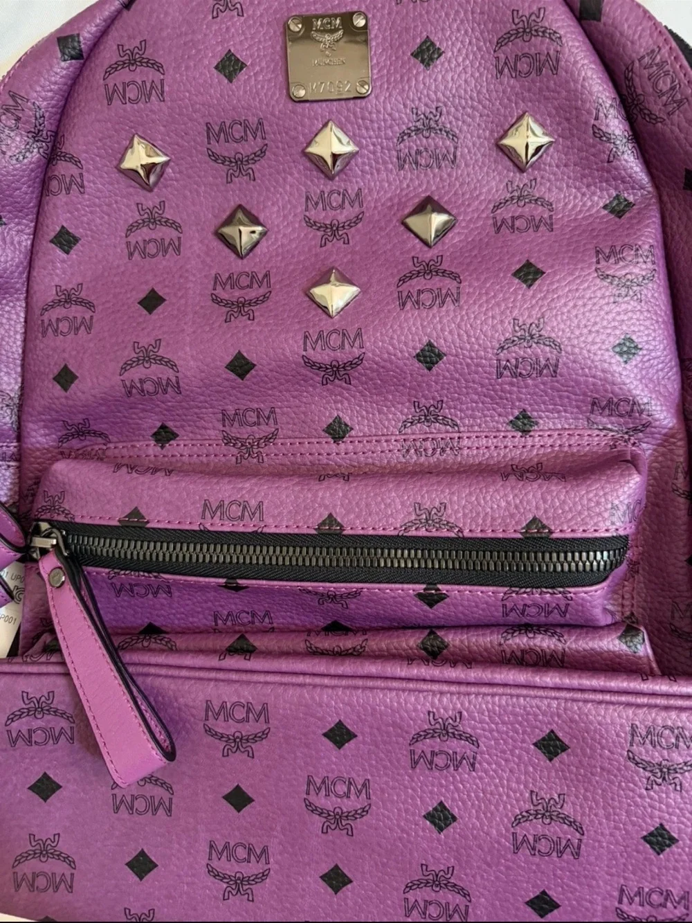 MCM Purple Logo Studded Leather Backpack with Black Print - Picture 6 of 8